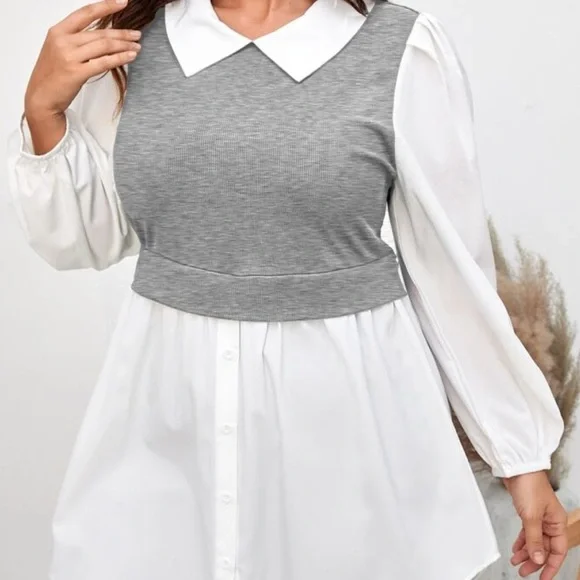 ✨Gray Layered Blouse M 🤍 Preppy Knit Vest Shirt Chic Style ✨ - Picture 1 of 6